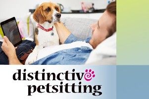 male pet sitter with tablet and beagle